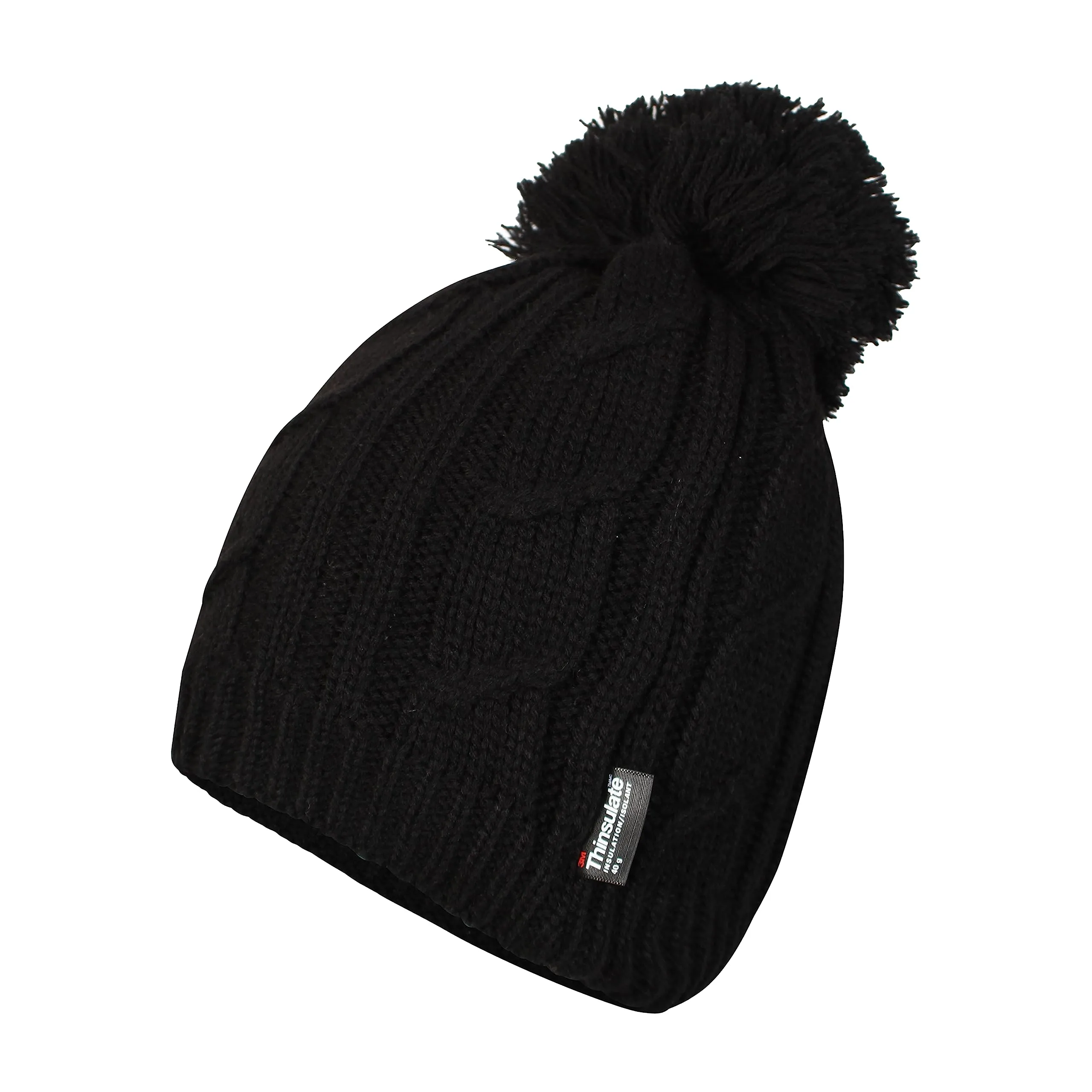Women's Chunky Cable Knit Beanie Hat with 3M Thinsulate Insulation and Pom Pom Waterproof Winter Hat in Black Purple Cream and Navy by Sock Stack