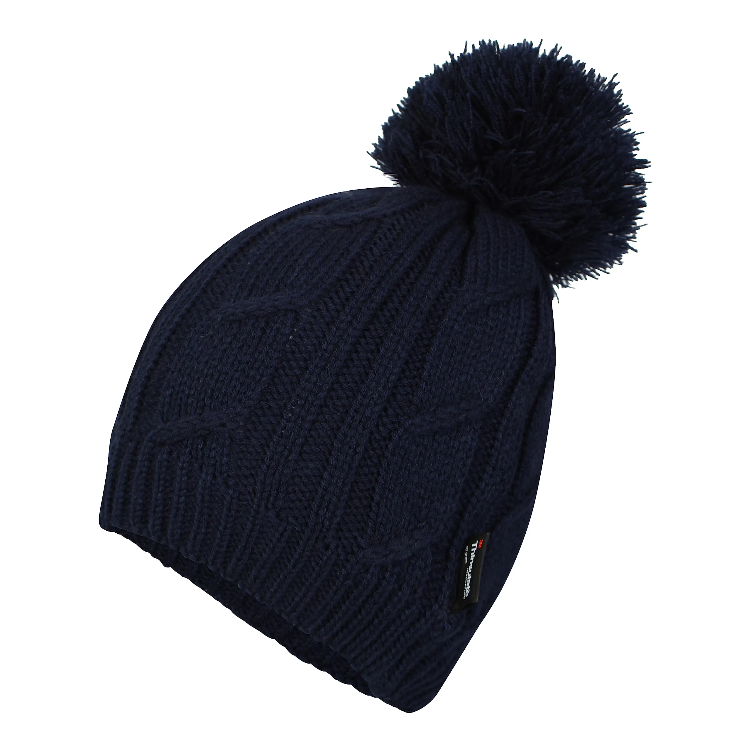 Women's Chunky Cable Knit Beanie Hat with 3M Thinsulate Insulation and Pom Pom Waterproof Winter Hat in Black Purple Cream and Navy by Sock Stack