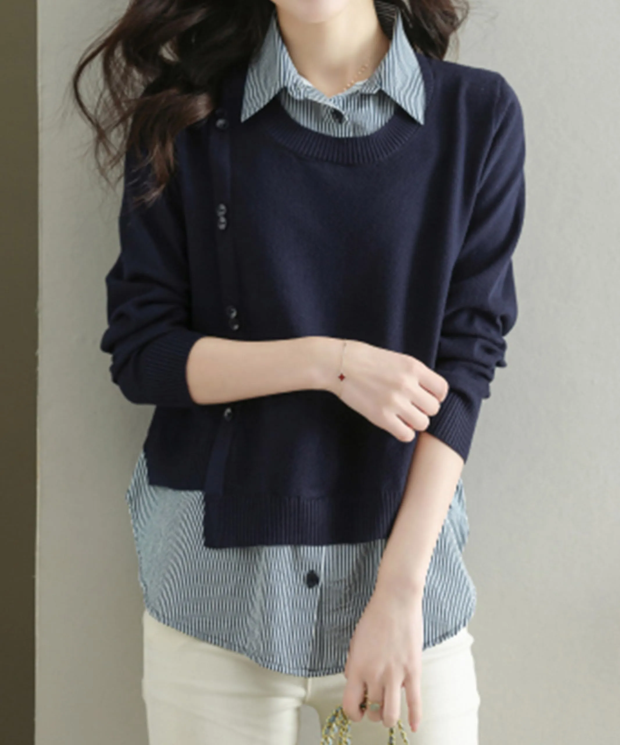 Womens Knit Long Sleeve Patchwork Blouse Tops