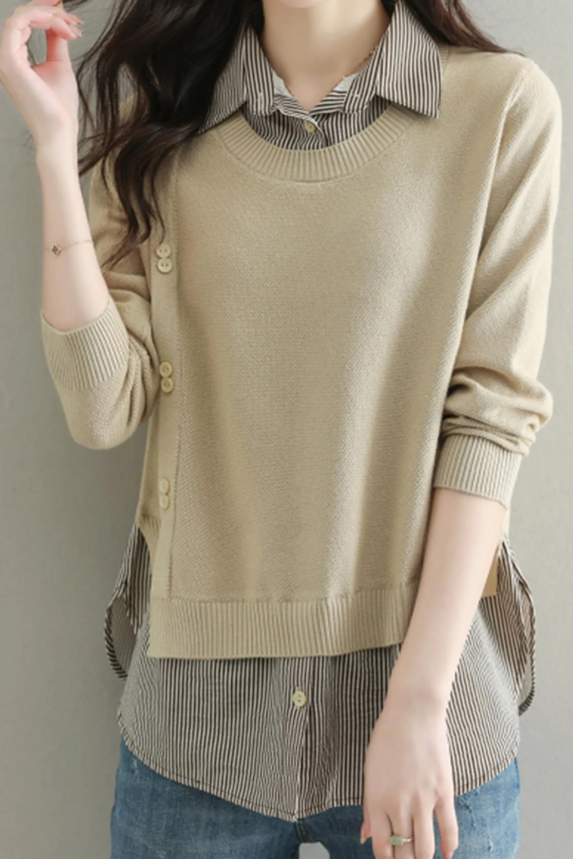 Womens Knit Long Sleeve Patchwork Blouse Tops