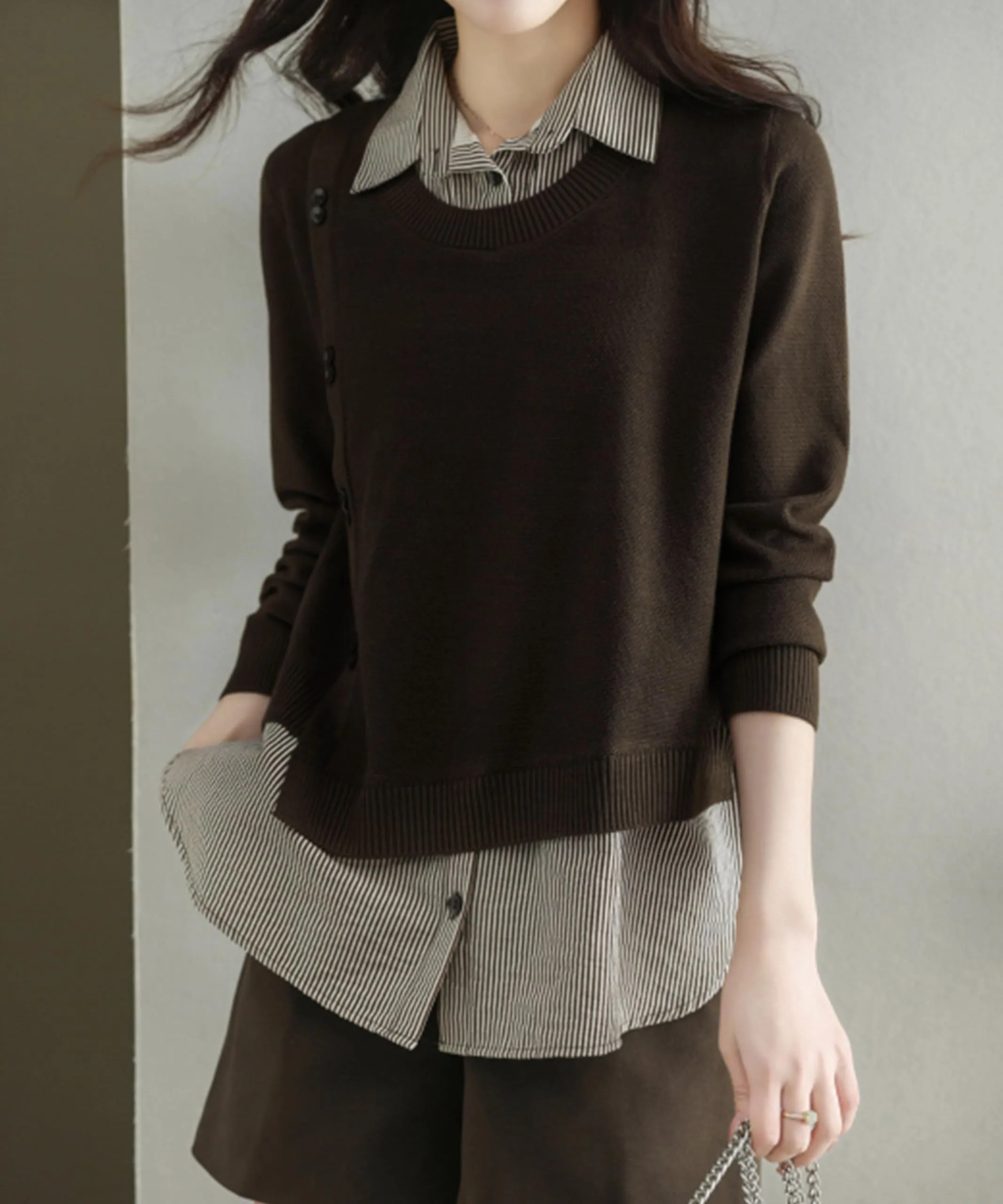 Womens Knit Long Sleeve Patchwork Blouse Tops