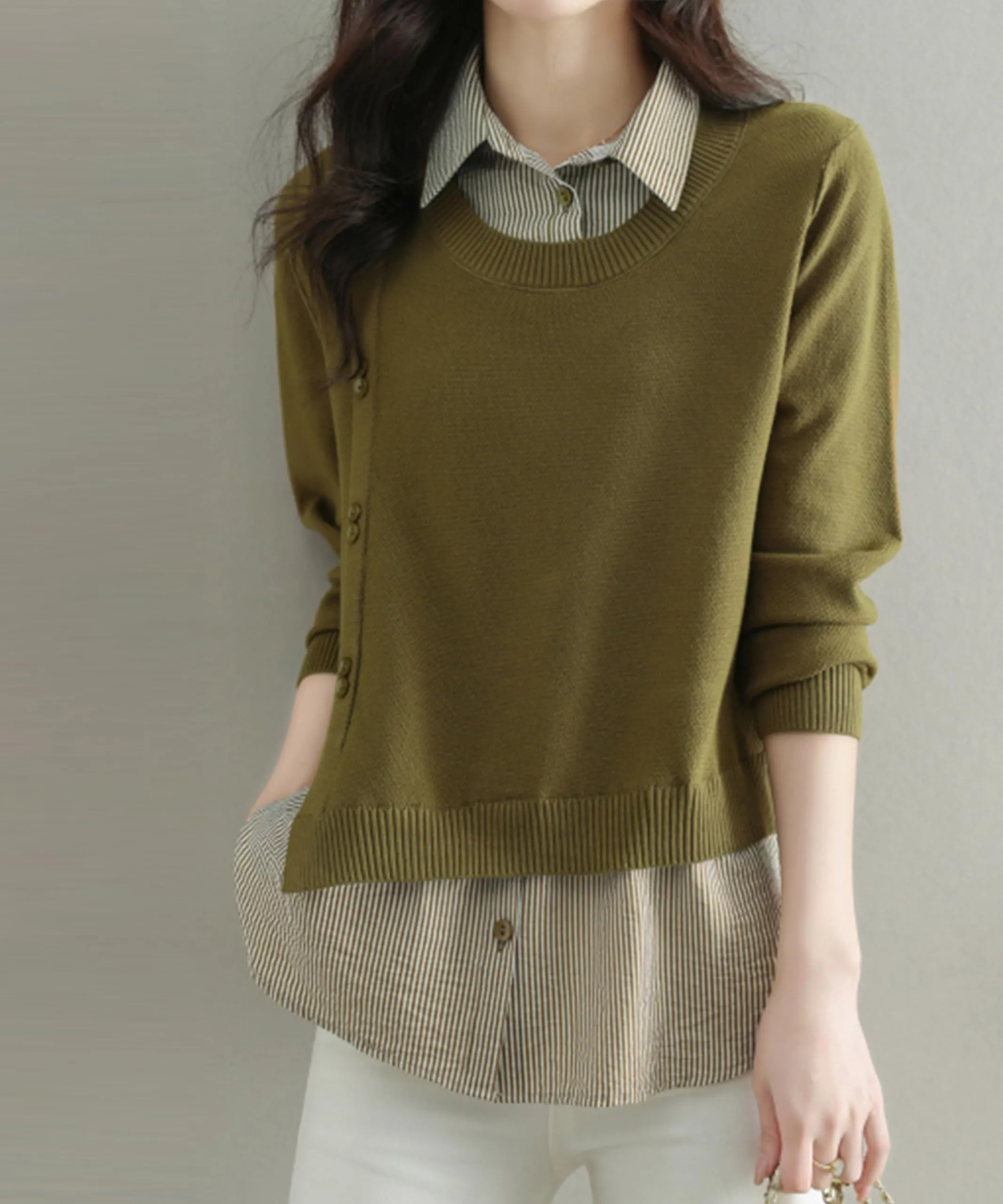 Womens Knit Long Sleeve Patchwork Blouse Tops