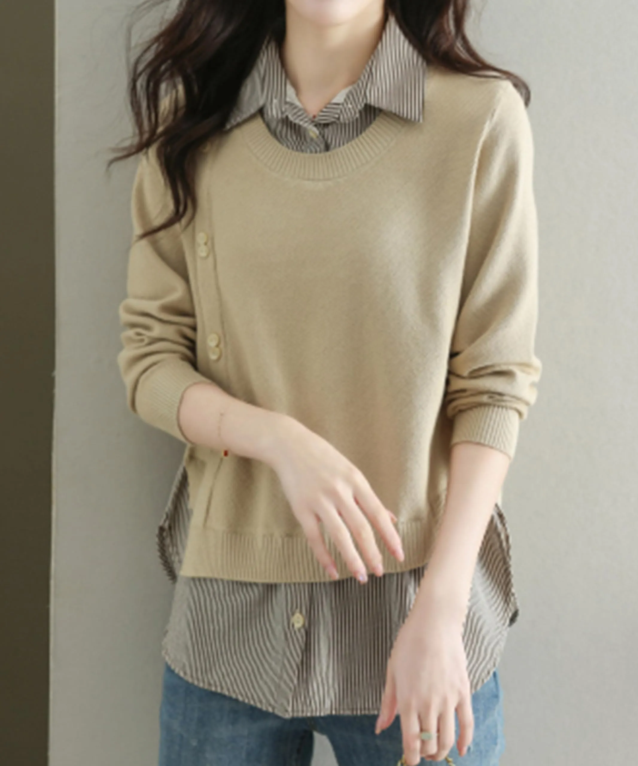 Womens Knit Long Sleeve Patchwork Blouse Tops
