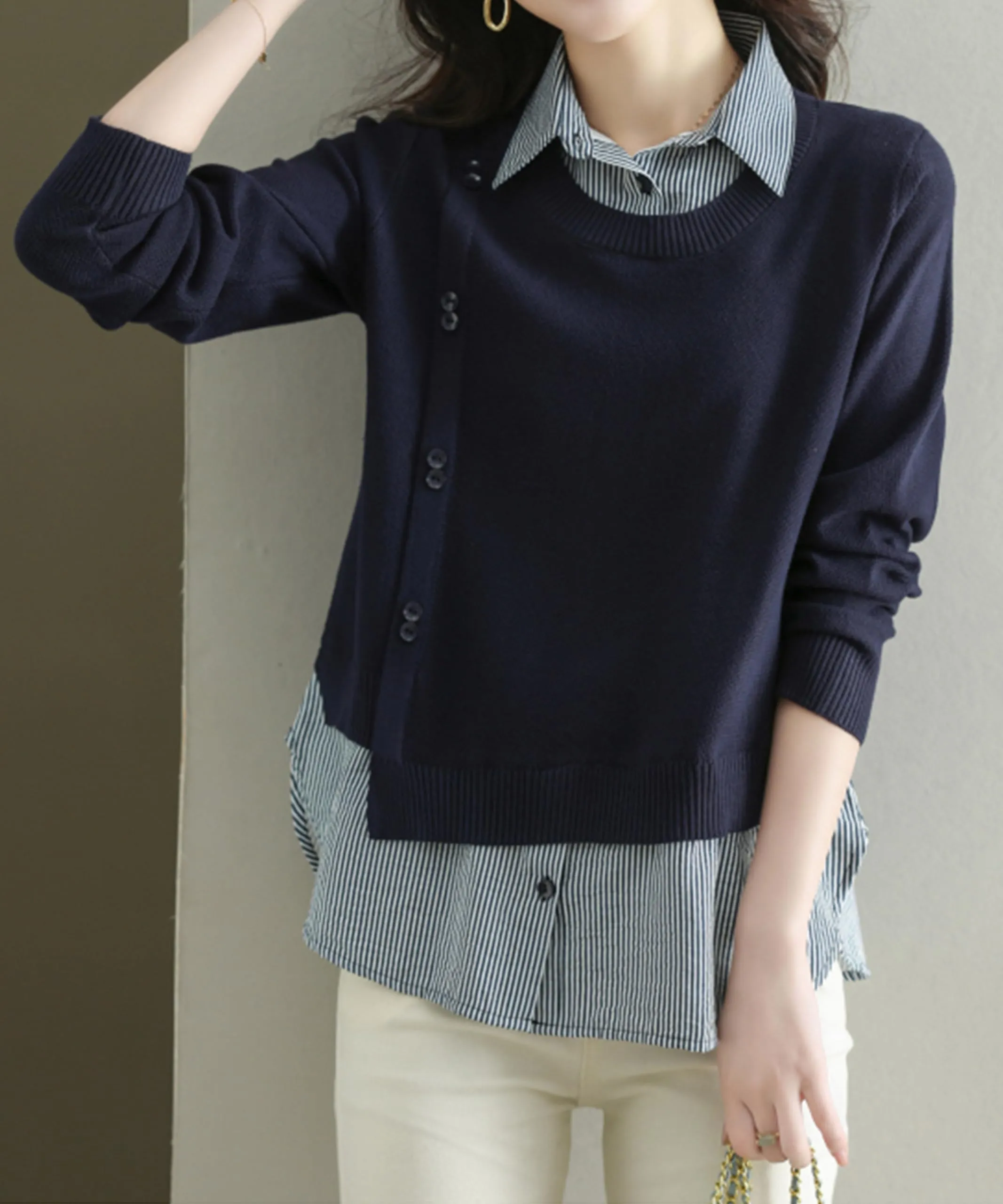 Womens Knit Long Sleeve Patchwork Blouse Tops