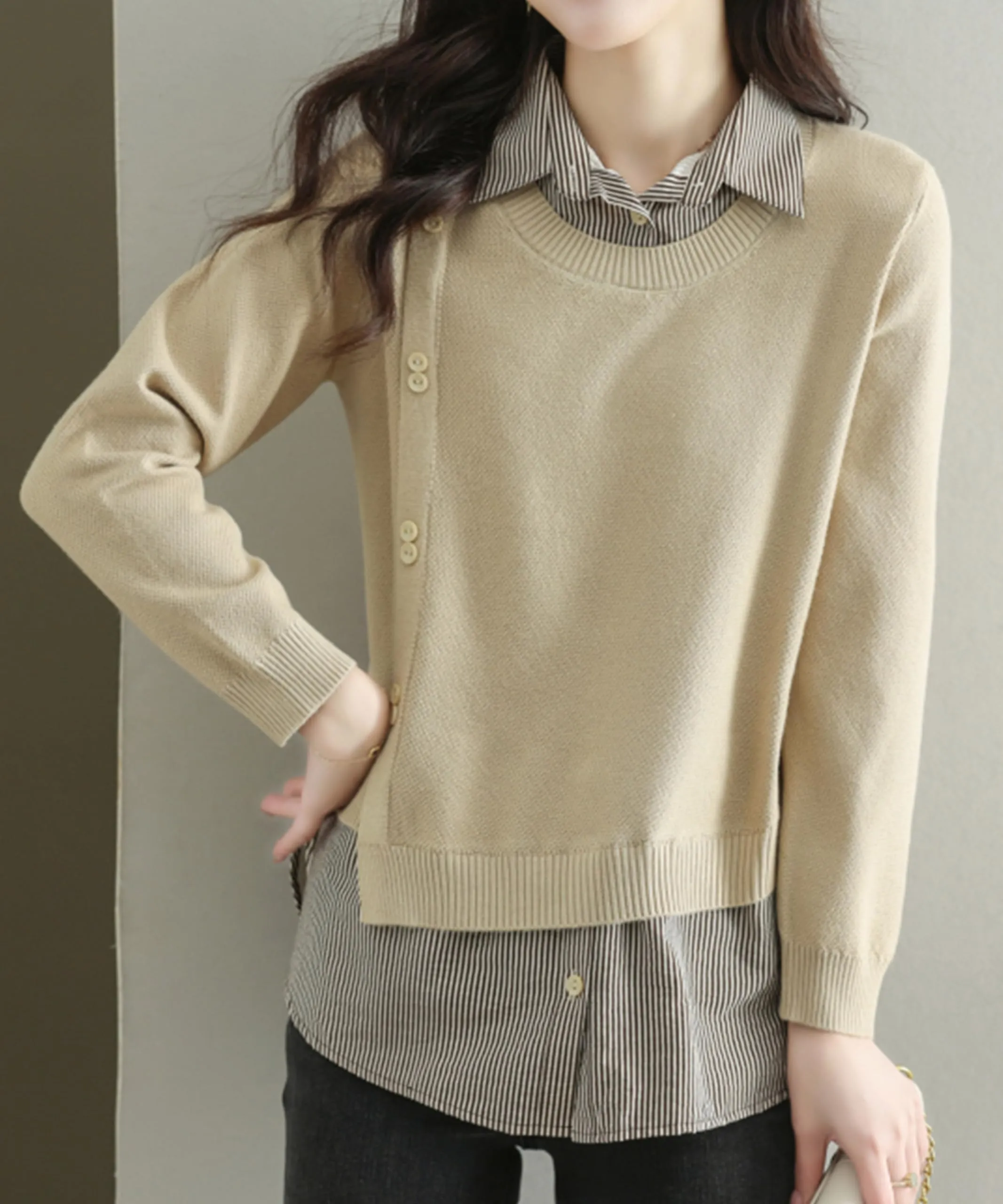Womens Knit Long Sleeve Patchwork Blouse Tops