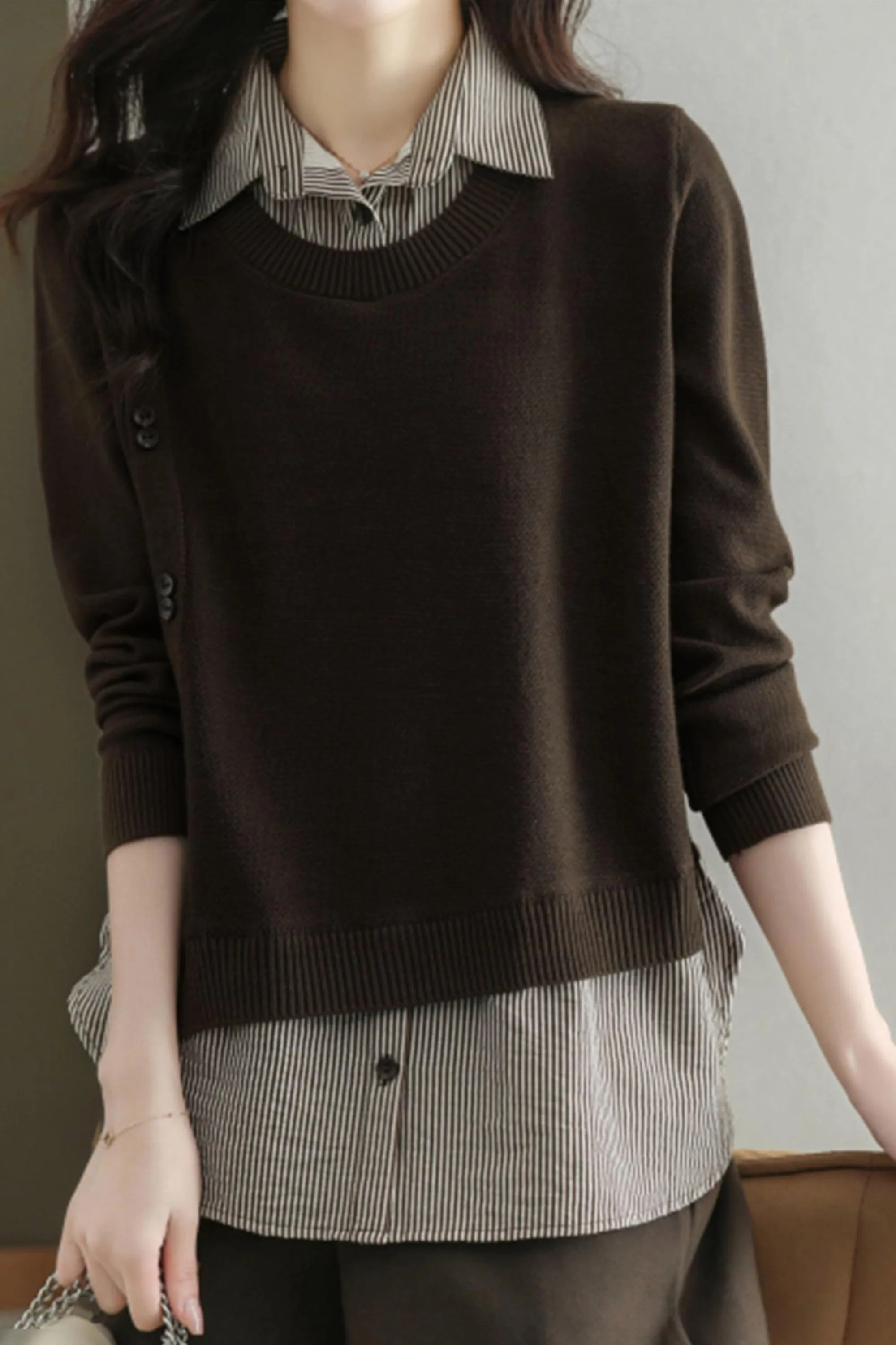Womens Knit Long Sleeve Patchwork Blouse Tops