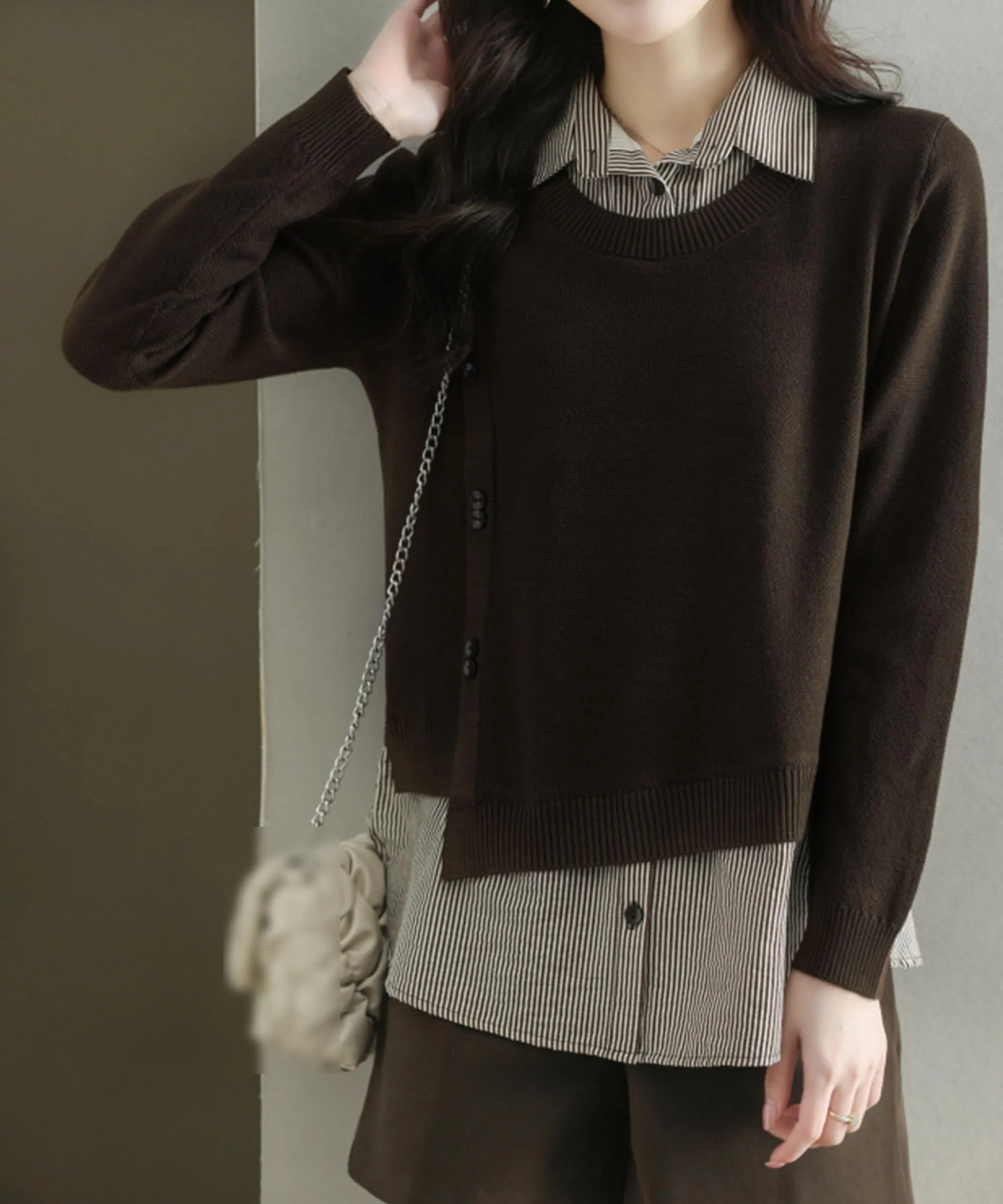 Womens Knit Long Sleeve Patchwork Blouse Tops