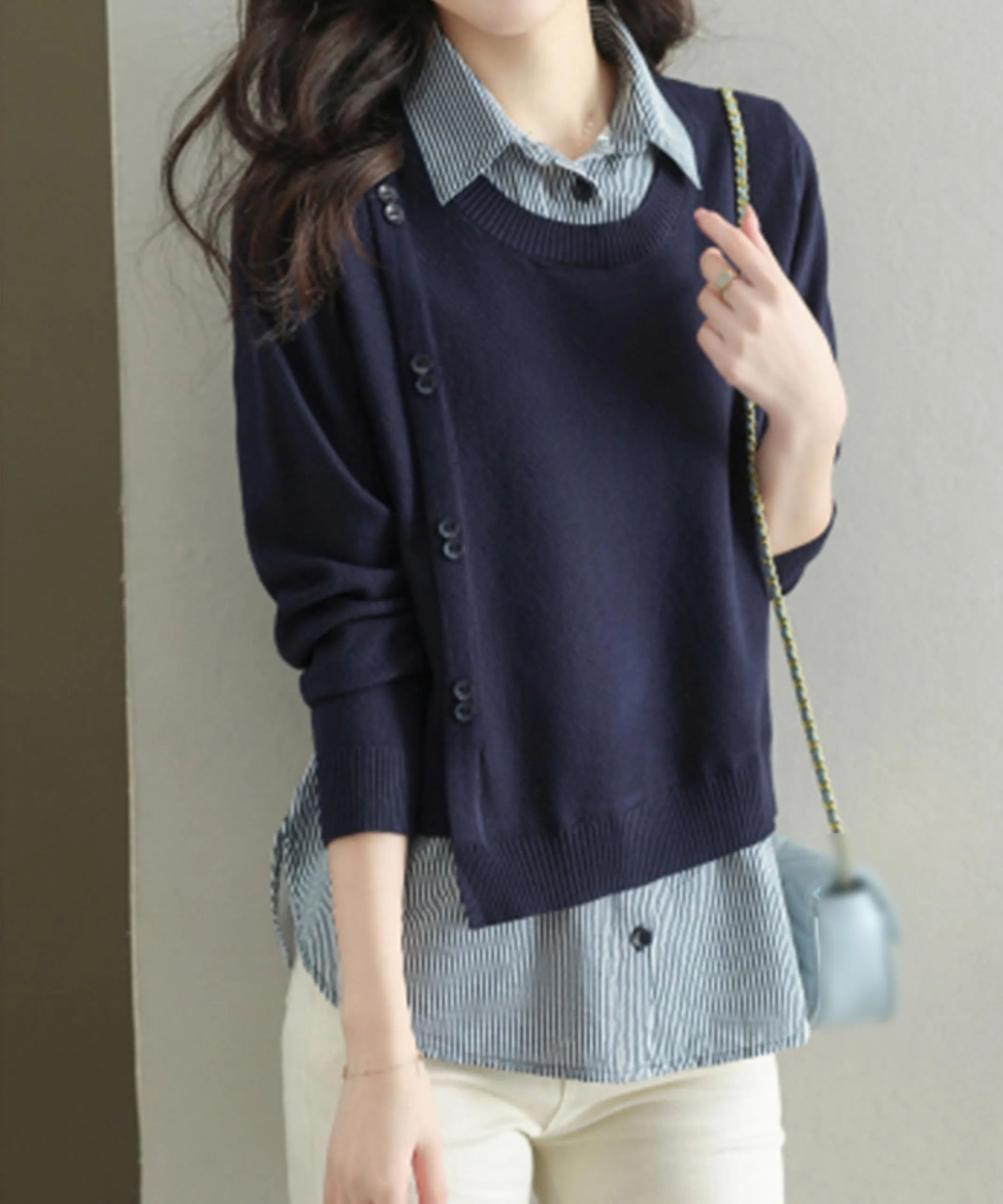 Womens Knit Long Sleeve Patchwork Blouse Tops