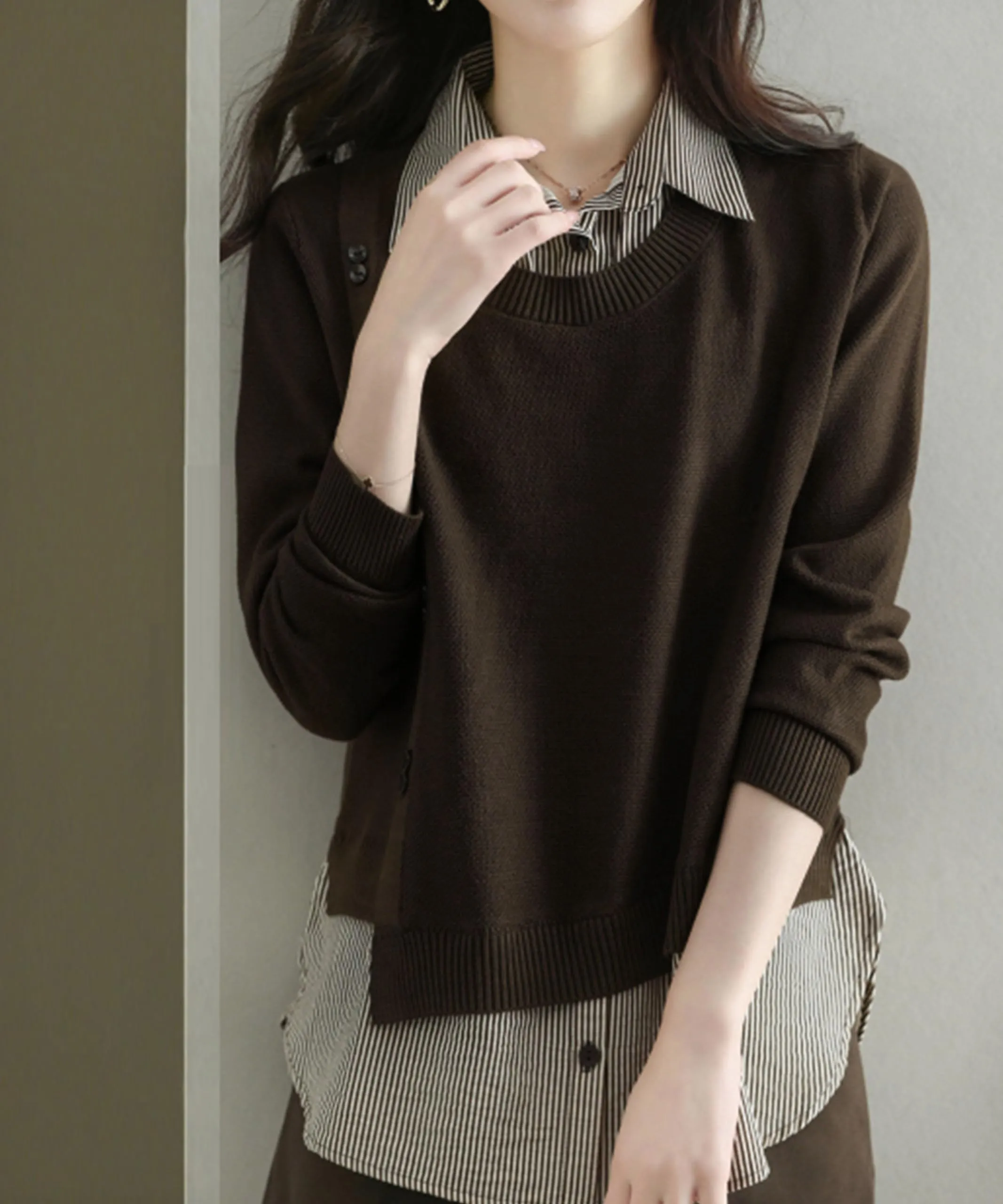 Womens Knit Long Sleeve Patchwork Blouse Tops