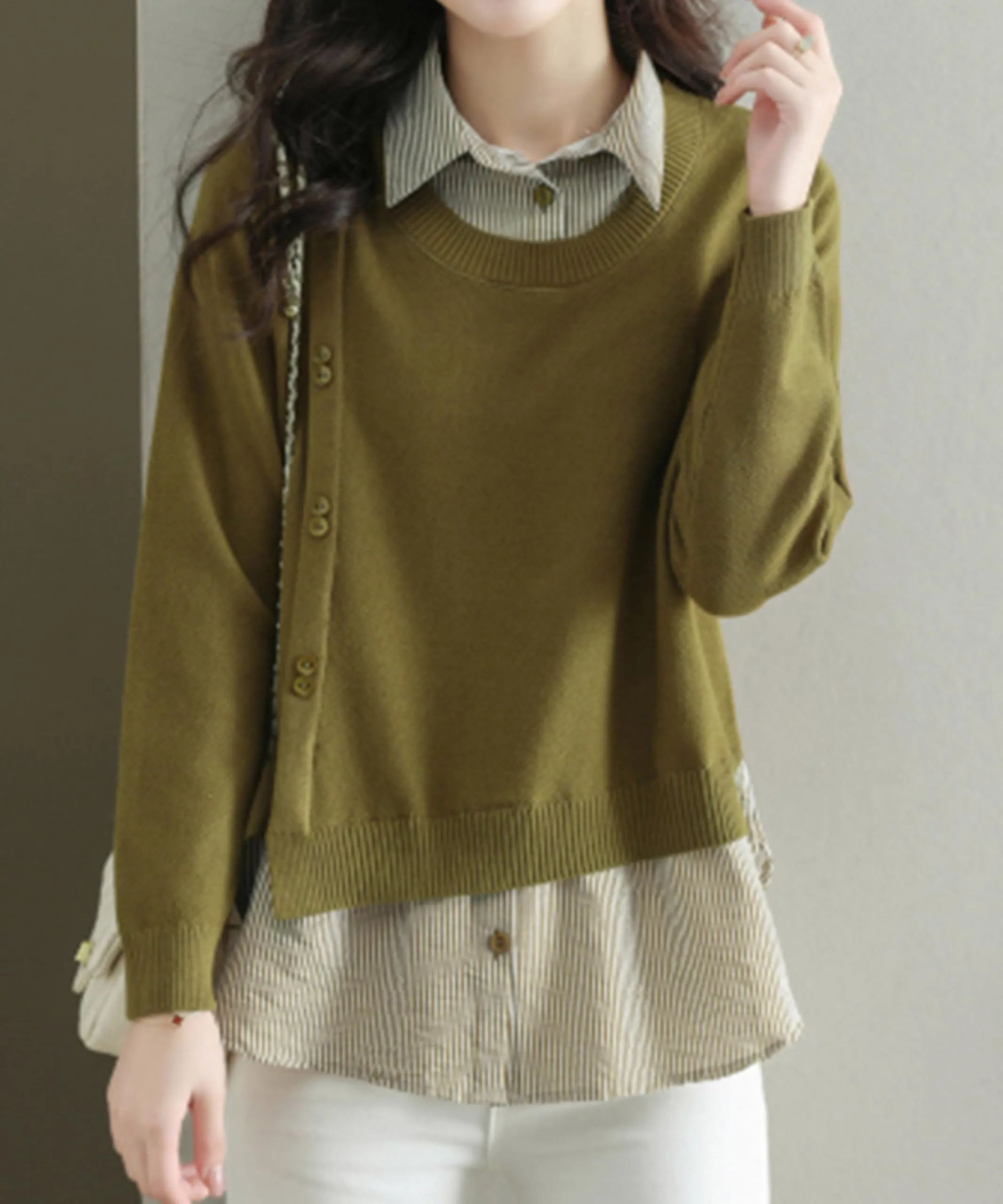 Womens Knit Long Sleeve Patchwork Blouse Tops