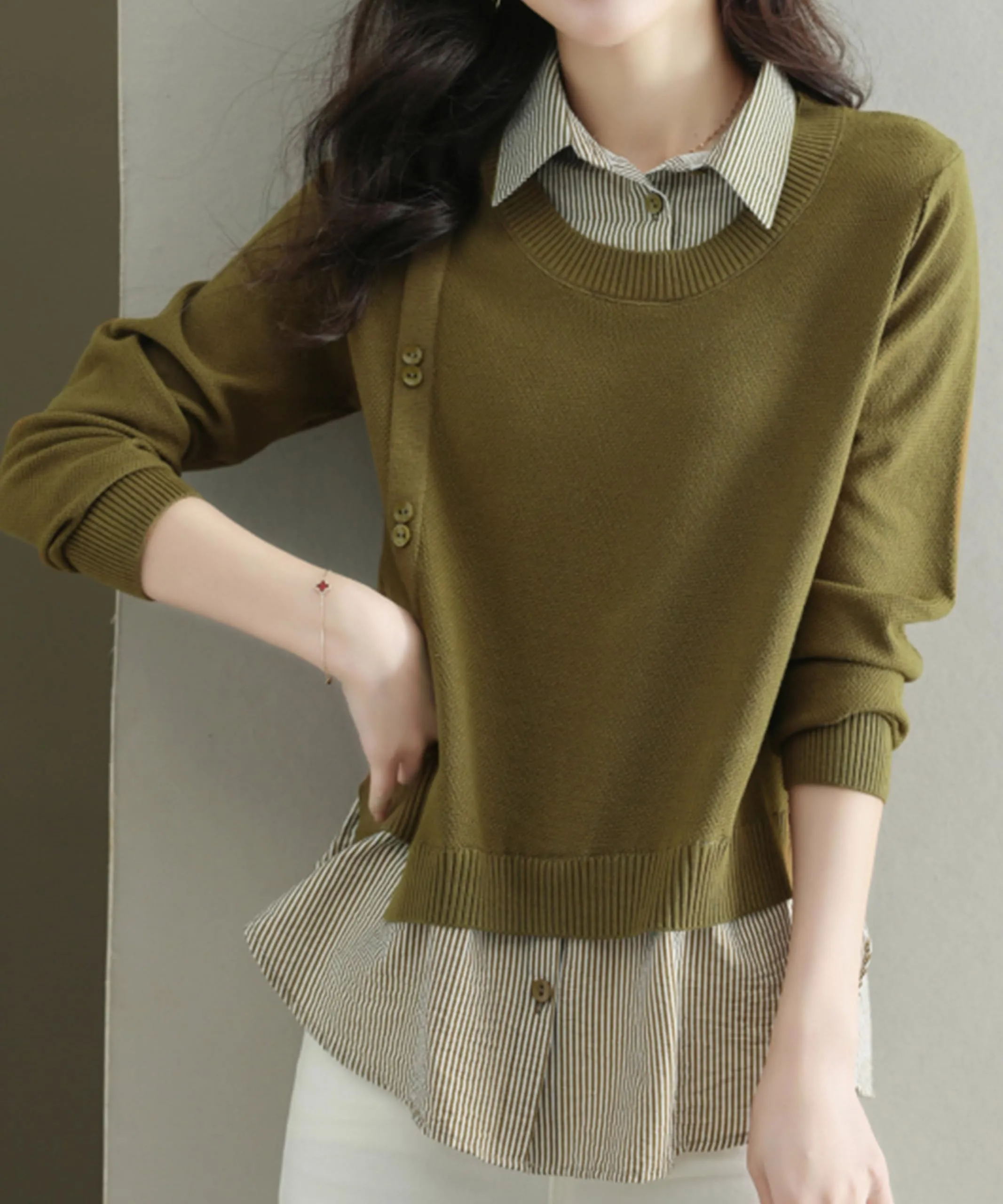 Womens Knit Long Sleeve Patchwork Blouse Tops