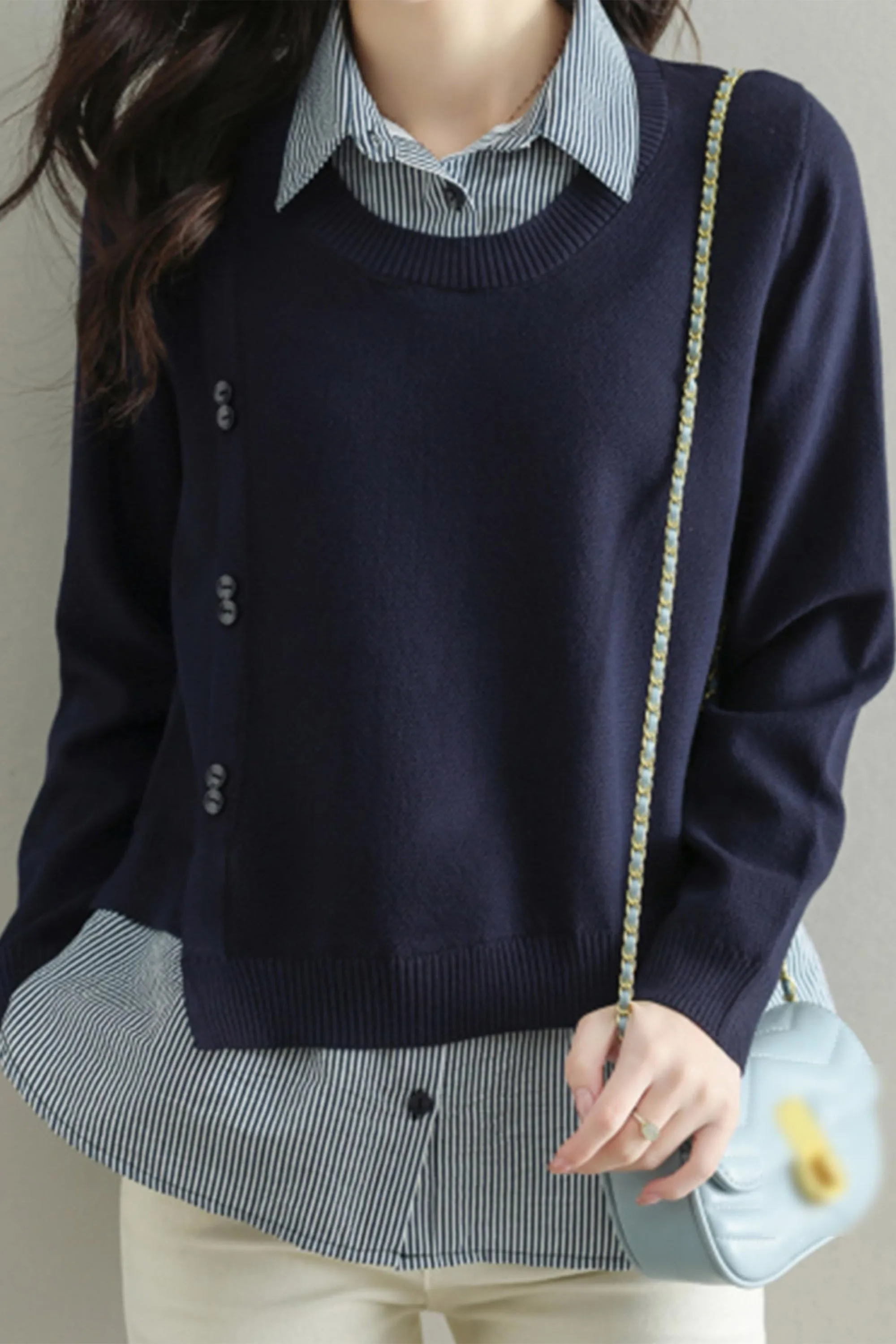 Womens Knit Long Sleeve Patchwork Blouse Tops