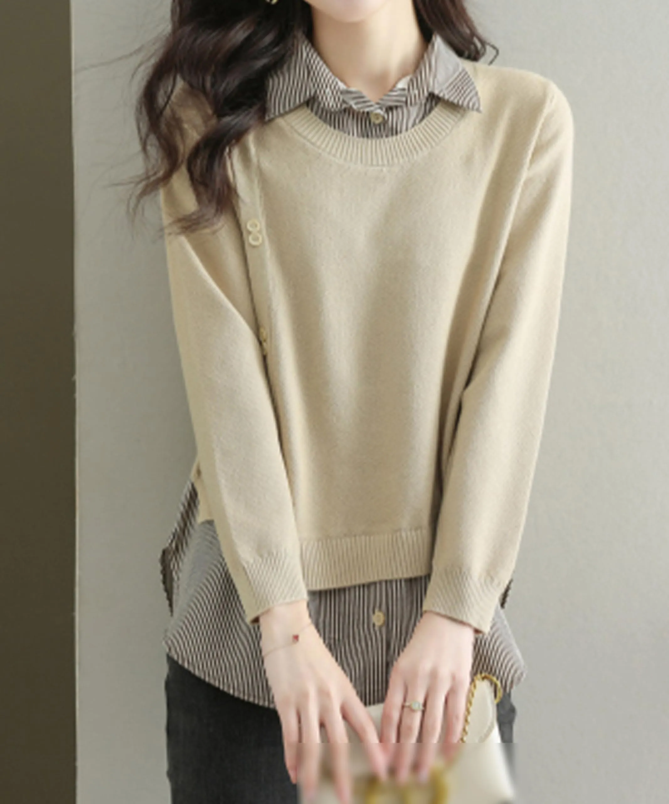 Womens Knit Long Sleeve Patchwork Blouse Tops