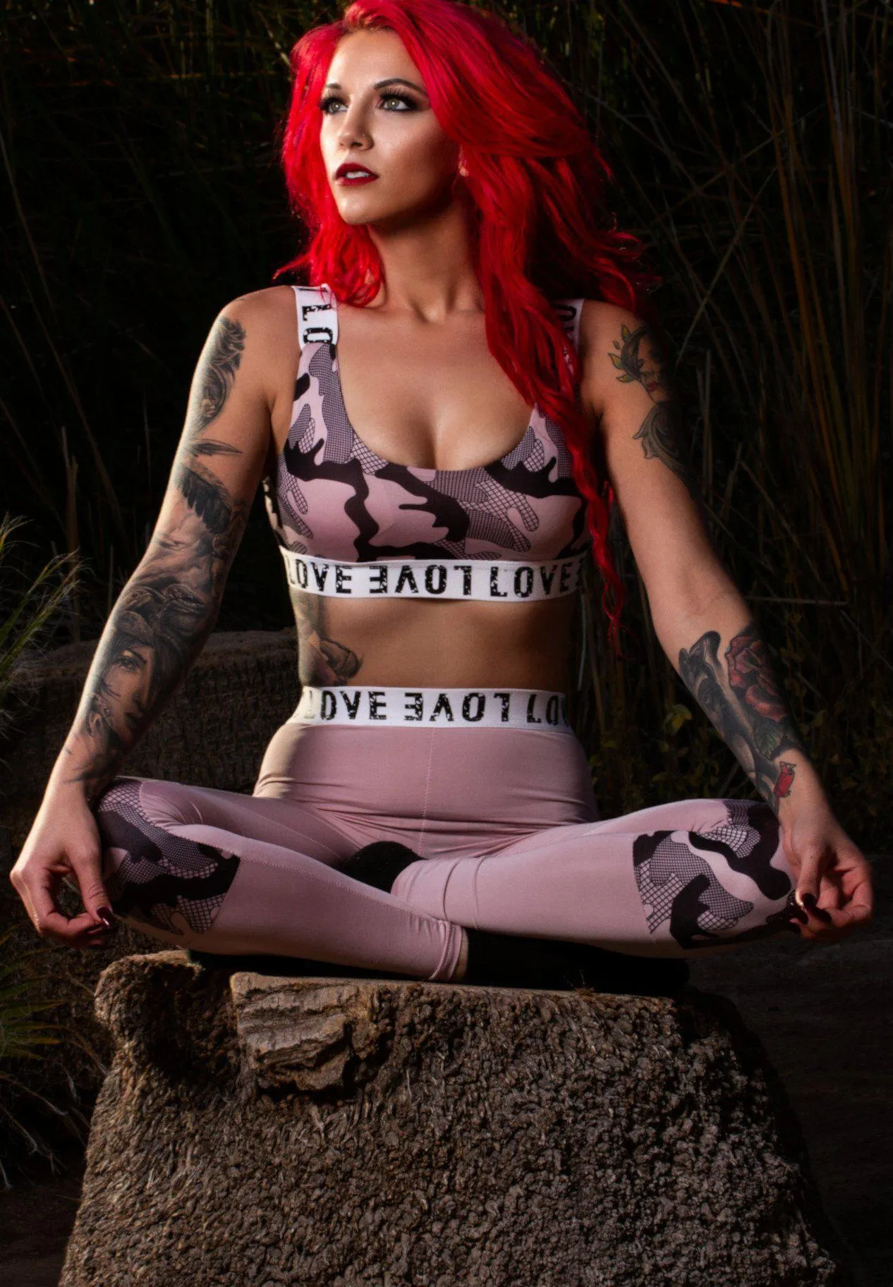 Womens Pink Love Two Piece Workout Yoga Set