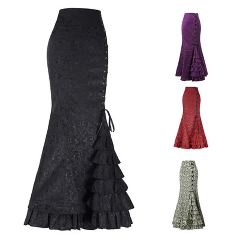 Women's Punk Retro Mermaid Vintage Victorian Long Ruffle Skirt