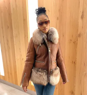 Women's Sophia Real Sheepskin Jacket With Fox [Tan]