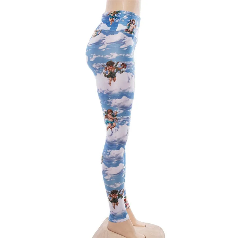 Women's Summer Elastic High Waist Fitness Leggings With Cupid Print