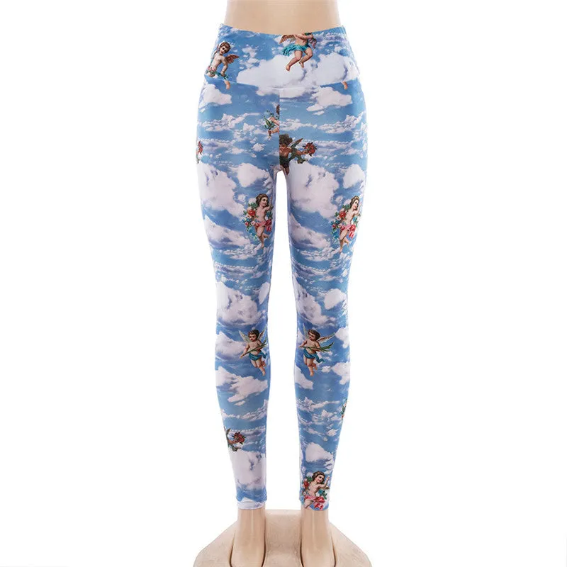 Women's Summer Elastic High Waist Fitness Leggings With Cupid Print