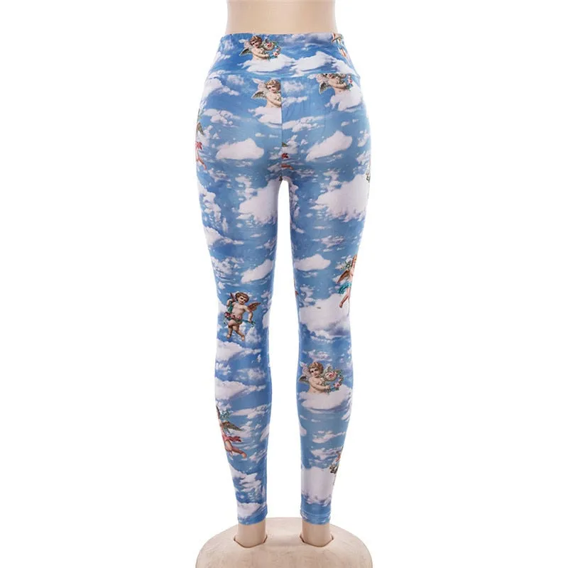 Women's Summer Elastic High Waist Fitness Leggings With Cupid Print