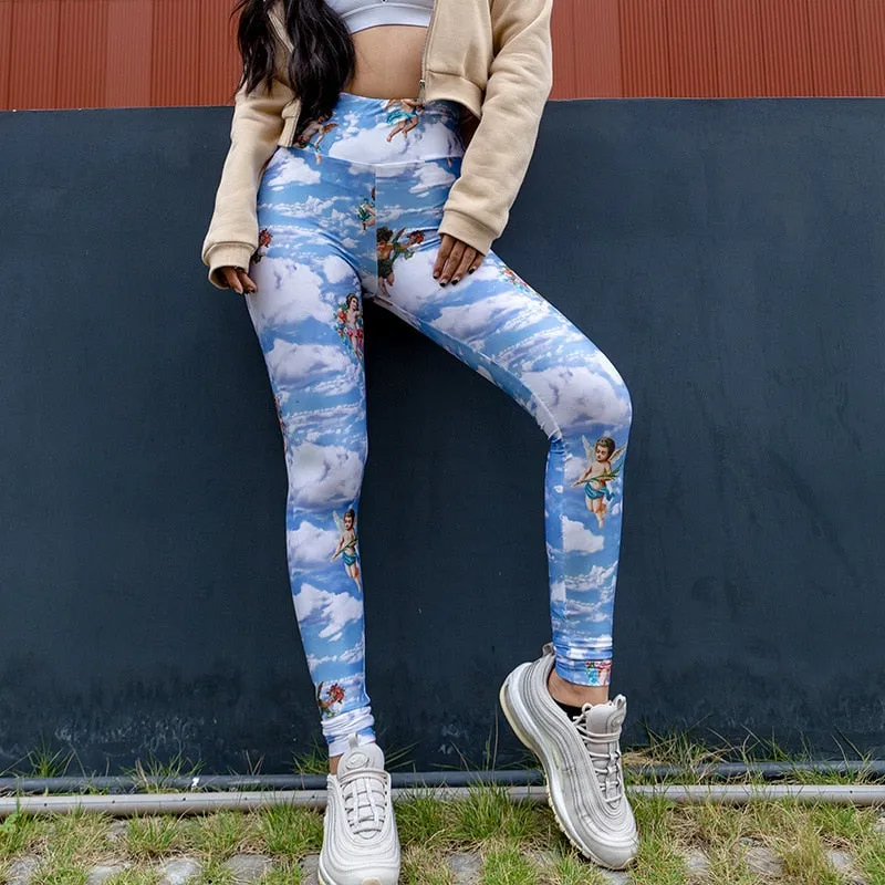 Women's Summer Elastic High Waist Fitness Leggings With Cupid Print