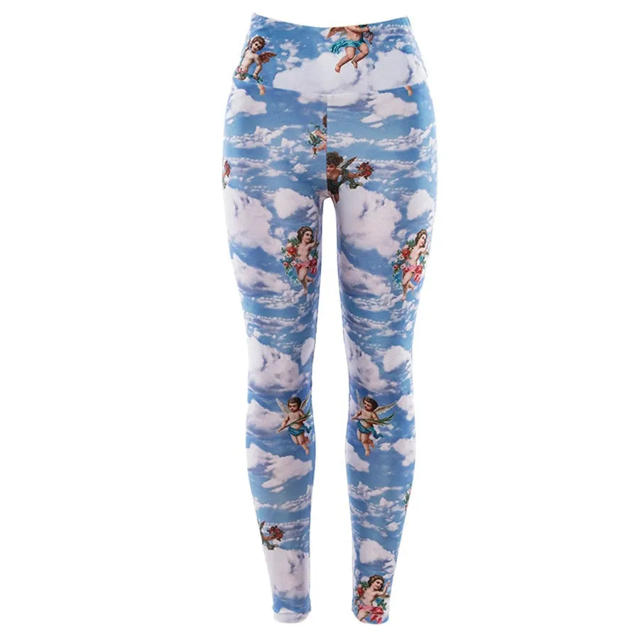 Women's Summer Elastic High Waist Fitness Leggings With Cupid Print