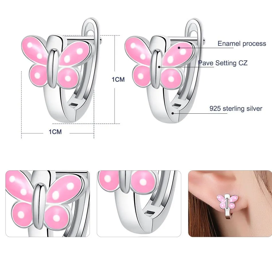 YE3228 925 Sterling Silver Pink Enamel Butterfly Earrings