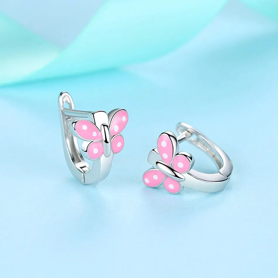 YE3228 925 Sterling Silver Pink Enamel Butterfly Earrings